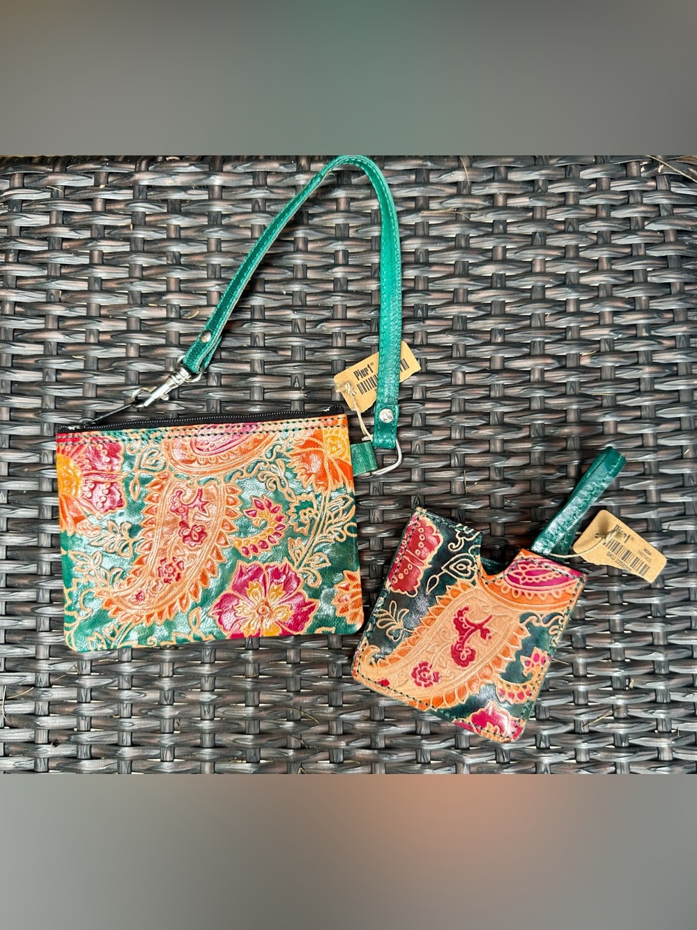Pier 1 Colorful Embossed Leather Wristlet & Mirror Compact Set Made in India NWT